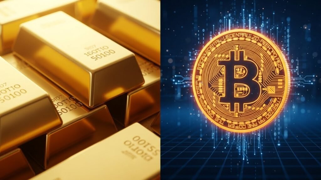 실물 금 선물과 디지털 자산 비트코인의 가치 비교 시각화